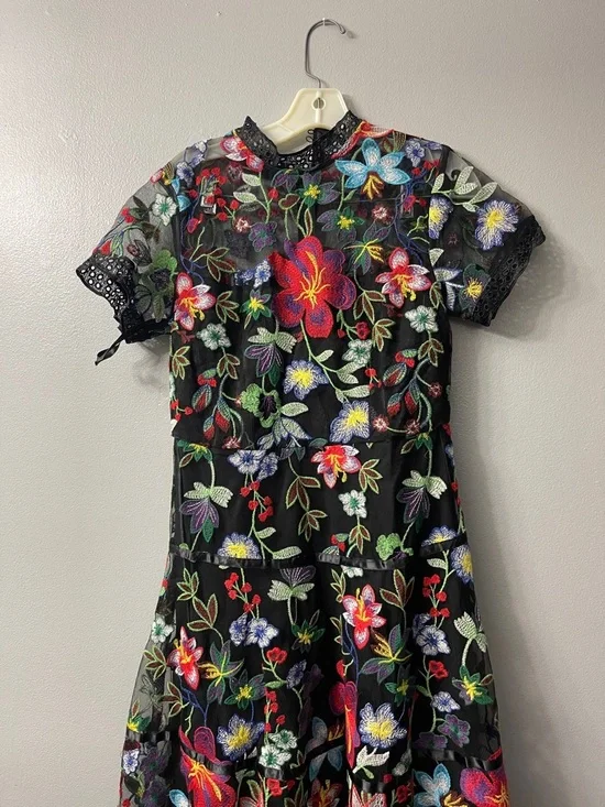 Anthropologie Janine Embroidered Dress features a high neck, sheer cap sleeves 6 - Picture 6 of 9